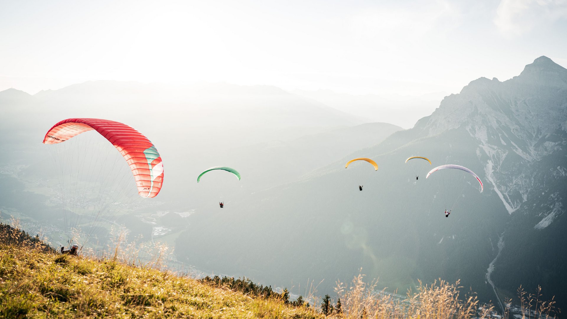 Spannendes rund ums Aktivhotel im Stubaital Fünf Gleitschirmflieger über sonnigem Bergwiesenhang mit Bergpanorama im Hintergrund