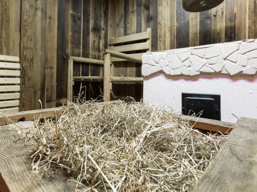 Willkommen im Hotel in Neustift im Stubaital! Holzbad mit Stroh und rustikaler Holzwand im Hintergrund